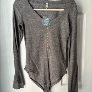 Free People Gray Long Sleeve Bodysuit